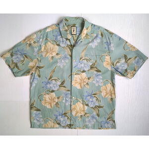 Jamaica Jaxx Men’s L Silk Hawaiian Shirt Green Blue Floral Button Up Short Sleev